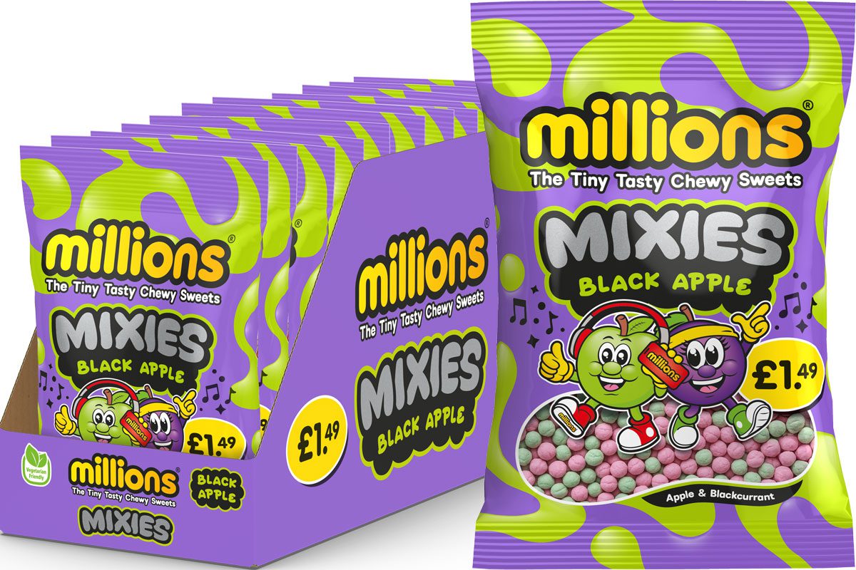 Pack shot of Millions Mixies Apple Blackcurrant as well as a full shelf tray of the bags of sweets.