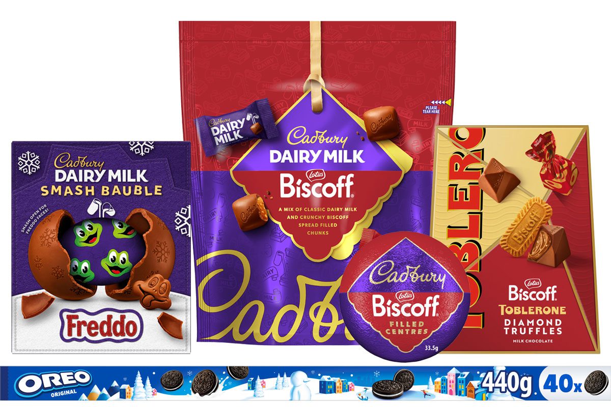 Pack shots of Mondelēz International Christmas range for 2026 including Cadbury Dairy Milk Smash Bauble Freddo, Cadbury Dairy Milk Biscoff Pouch, Cadbury Dairy Milk Biscoff Filled Centres, Toblerone Biscoff Diamond Truffles and Oreo Yard.