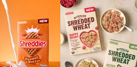 Nestlé unveils Shreddies Peanut Butter & Bitesize Shredded Wheat Promotional images of Shreddies Peanut Butter and Bitesize Shredded Wheat including Happy Heart and Active variants.