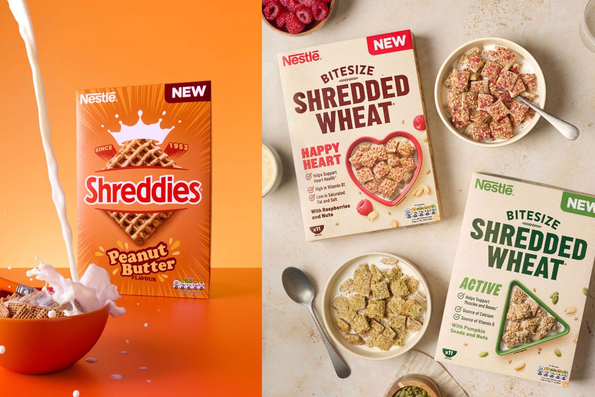 Promotional images of Shreddies Peanut Butter and Bitesize Shredded Wheat including Happy Heart and Active variants.