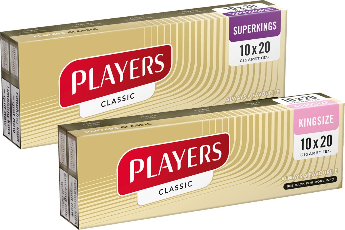 Pack shots of Players Kingsize and Players Classic cigarettes outer packs.