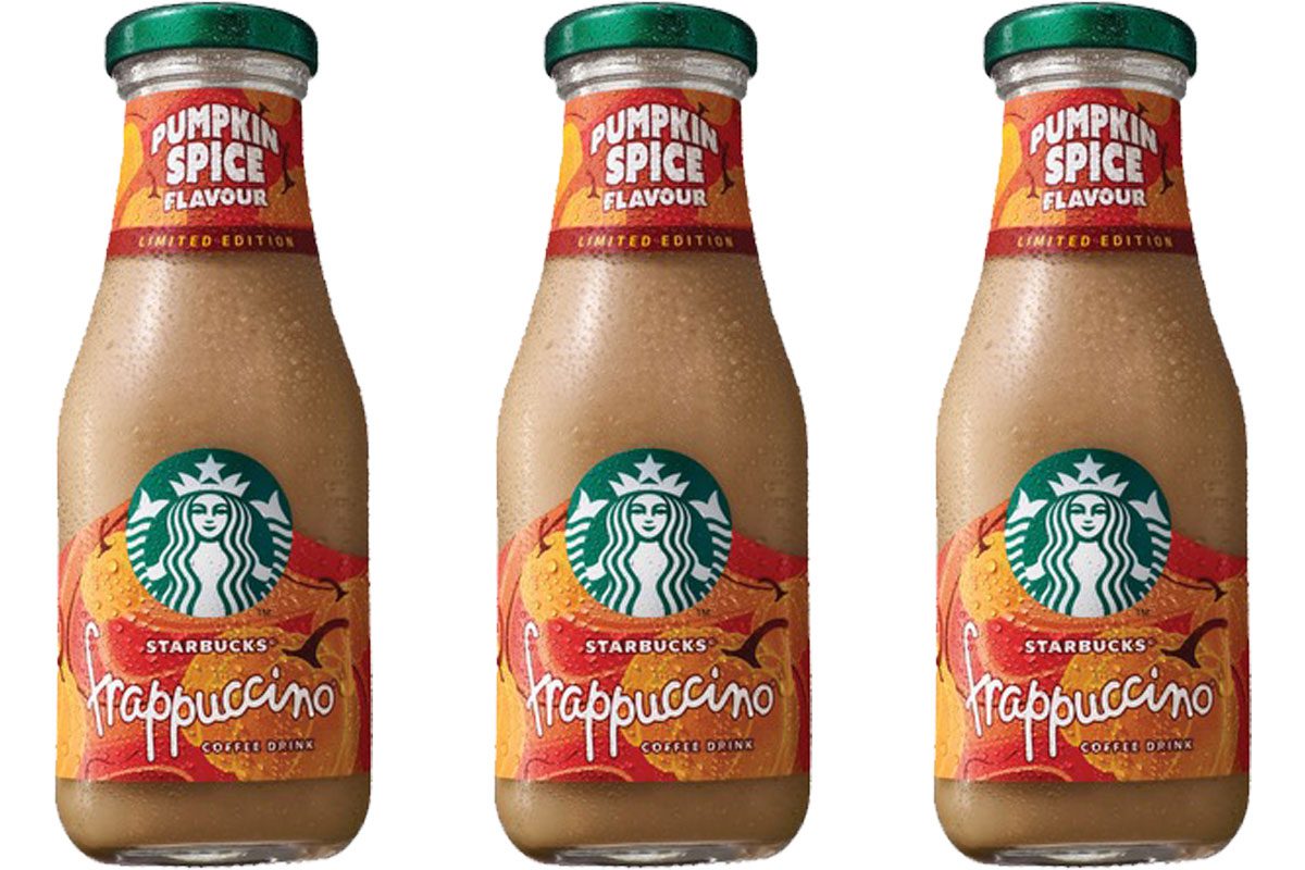 Pack shots of Starbucks Pumpkin Spice Frappuccino 250ml bottles.