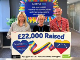 Scotmid raises £22k for Venezuela earthquake appeal Team members from Scotmid Co-op stands holding a banner highlighting a £22,000 donation from Scotimd to the Disasters Emergency Committee Venezuela Earthquake Appeal.