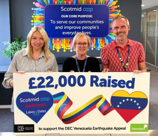 Scotmid raises £22k for Venezuela earthquake appeal Team members from Scotmid Co-op stands holding a banner highlighting a £22,000 donation from Scotimd to the Disasters Emergency Committee Venezuela Earthquake Appeal.