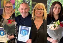 Scotmid quartet mark 110 years of service From left, Scotmid's Lynne MacGillivray, Kevin Lowe, Jane Burns and Lynne Hedger, who are all celebrating career milestones.