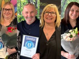 Scotmid quartet mark 110 years of service From left, Scotmid's Lynne MacGillivray, Kevin Lowe, Jane Burns and Lynne Hedger, who are all celebrating career milestones.