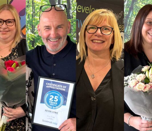 Scotmid quartet mark 110 years of service From left, Scotmid's Lynne MacGillivray, Kevin Lowe, Jane Burns and Lynne Hedger, who are all celebrating career milestones.