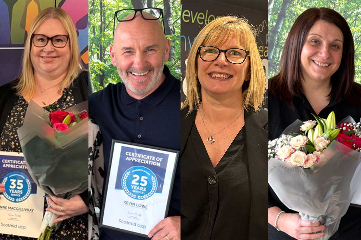 From left, Scotmid's Lynne MacGillivray, Kevin Lowe, Jane Burns and Lynne Hedger, who are all celebrating career milestones.