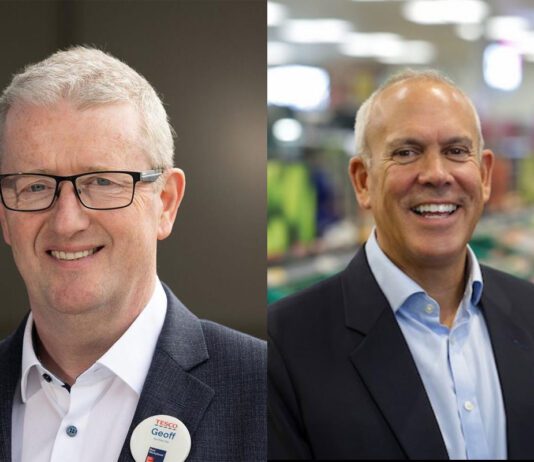 Leadership changes at Tesco and Booker (L to R) head shot of Geoff Byrne, chief executive at Booker and Andrew Yaxley, chief executive at Tesco Ireland & Northern Ireland.