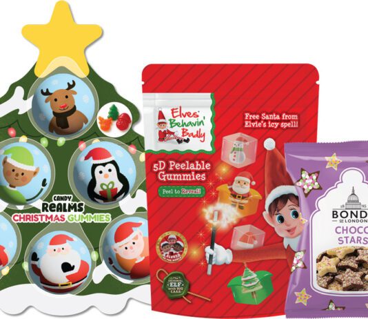 World of Sweets sets out festive range for 2026 Pack shots of Candy Realms Christmas Gummies tree, Elves' Behavin' Badly 5D Peelable Gummies and Bonds of London Choco Stars.