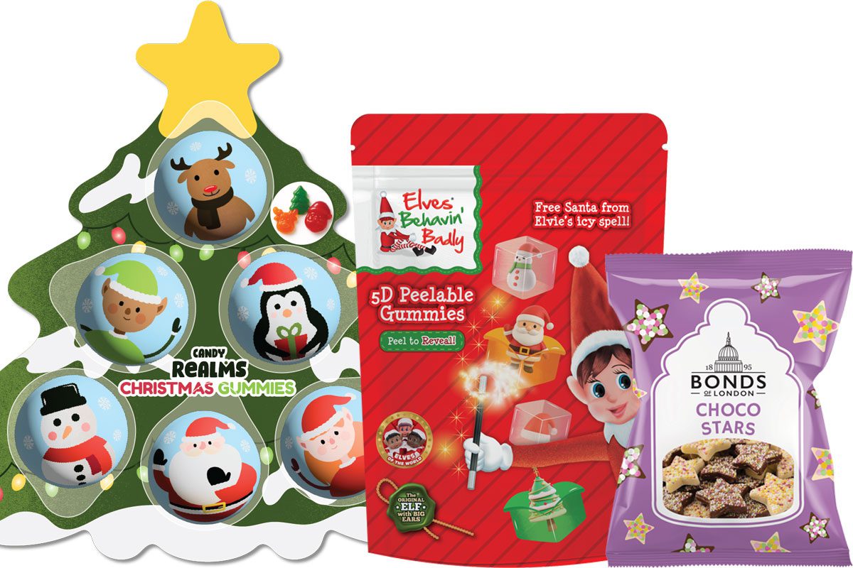 Pack shots of Candy Realms Christmas Gummies tree, Elves' Behavin' Badly 5D Peelable Gummies and Bonds of London Choco Stars.