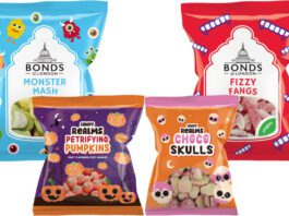 World of Sweets unveils Halloween sweets range Pack shots of Bonds of London Monster Mash, Bonds of London Fizzy Fangs, Candy Realms Petrifying Pumpkins and Candy Realms Choco Skulls.
