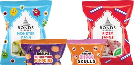 World of Sweets unveils Halloween sweets range Pack shots of Bonds of London Monster Mash, Bonds of London Fizzy Fangs, Candy Realms Petrifying Pumpkins and Candy Realms Choco Skulls.