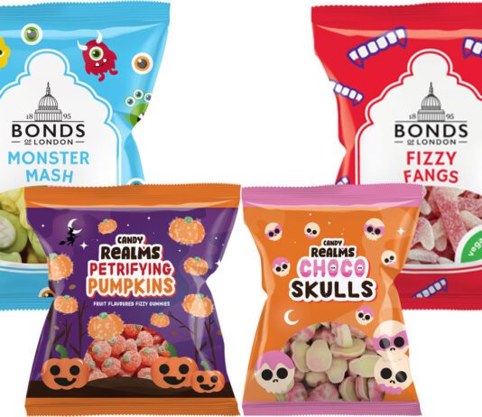 World of Sweets unveils Halloween sweets range Pack shots of Bonds of London Monster Mash, Bonds of London Fizzy Fangs, Candy Realms Petrifying Pumpkins and Candy Realms Choco Skulls.