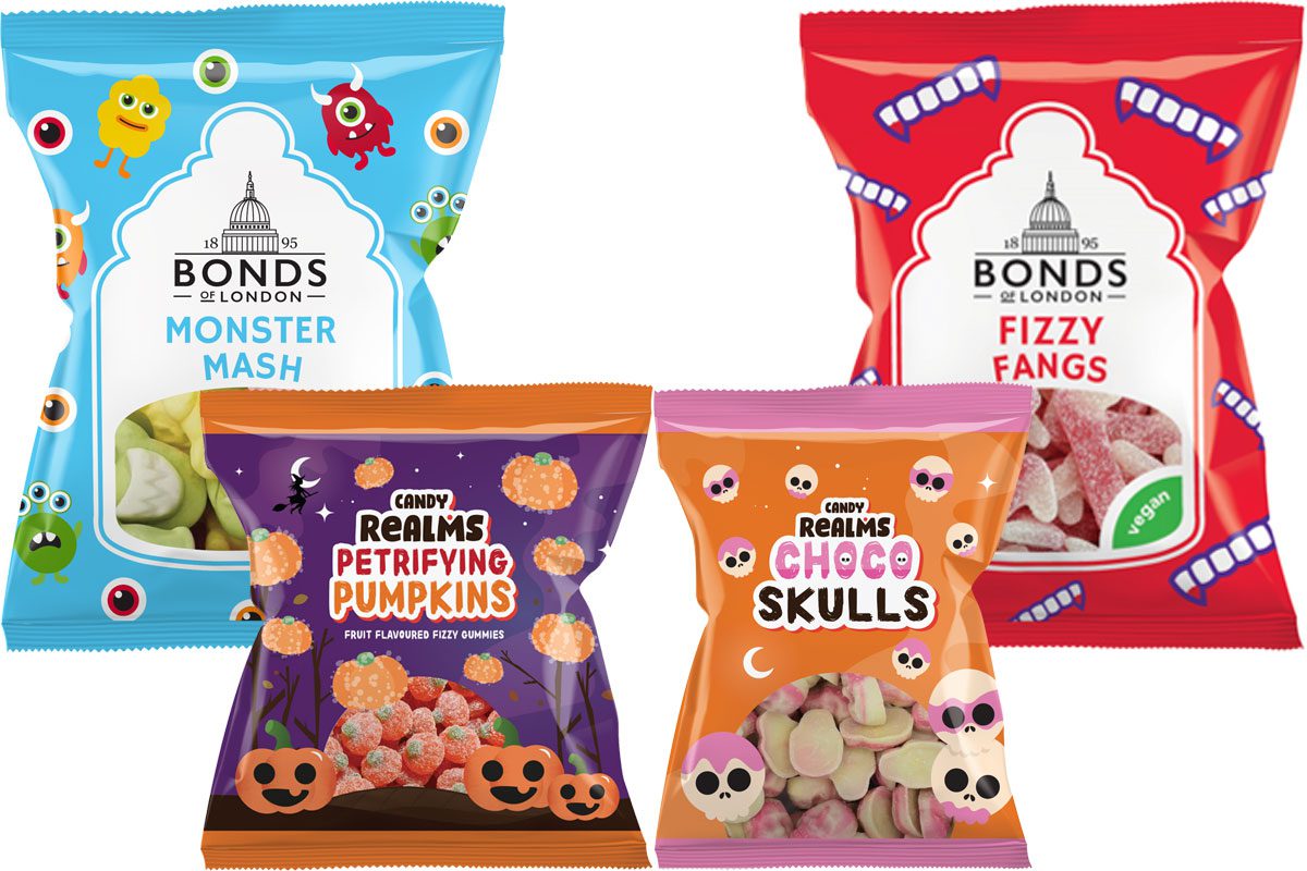 Pack shots of Bonds of London Monster Mash, Bonds of London Fizzy Fangs, Candy Realms Petrifying Pumpkins and Candy Realms Choco Skulls.