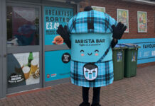 Spar introduces new Barista Bar mascot Spar Scotland's Barista Bar mascot 'Robert the Brews' stands outside a Spar store in Dumfries.