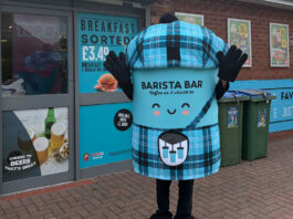 Spar introduces new Barista Bar mascot Spar Scotland's Barista Bar mascot 'Robert the Brews' stands outside a Spar store in Dumfries.