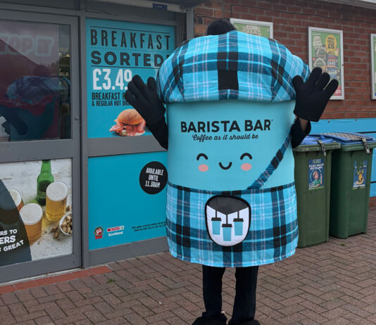 Spar introduces new Barista Bar mascot Spar Scotland's Barista Bar mascot 'Robert the Brews' stands outside a Spar store in Dumfries.