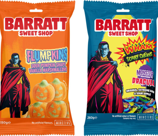 Barratt unveils new Dracula sweets range Pack shots of Barratt Sweet Shop Flumpkins and Wham Scary Chews.