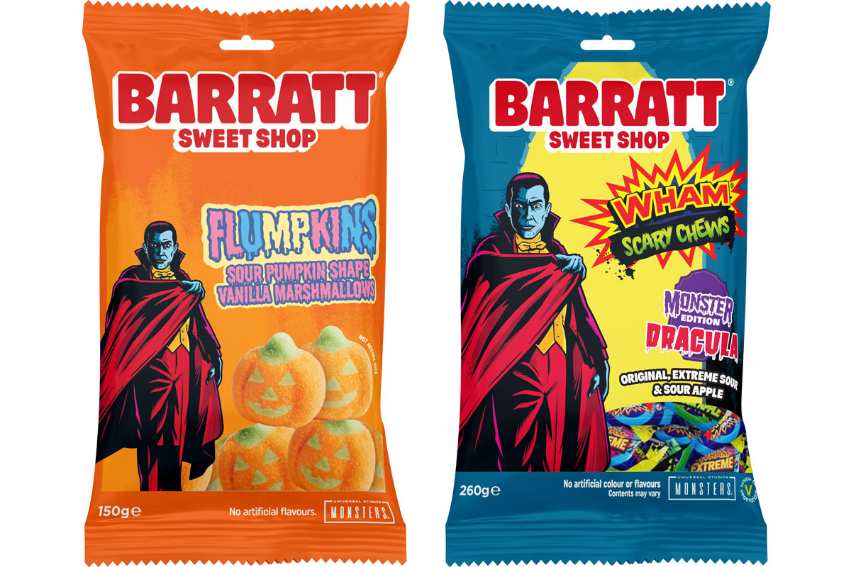 Pack shots of Barratt Sweet Shop Flumpkins and Wham Scary Chews.