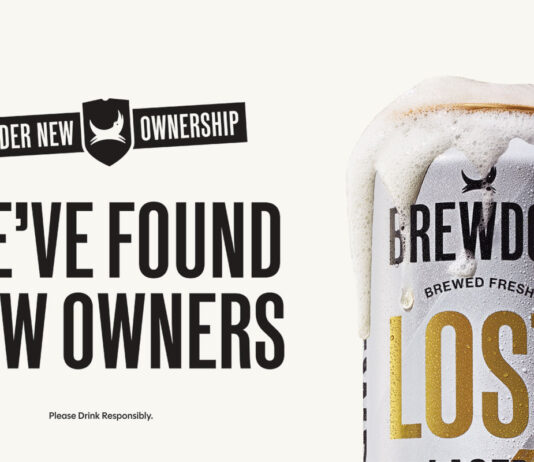 BrewDog launches ‘Under New Ownership’ campaign Promotional image for the BrewDog campaign 'Under New Ownership' with the BrewDog logo above text which reads 'We've found new owners'. There is also a can of BrewDog Lost Lager next to the text which has foam coming out the top of it.