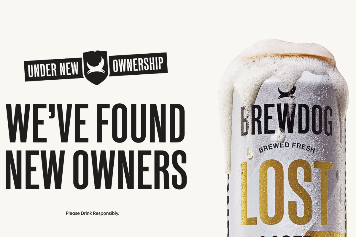 Promotional image for the BrewDog campaign 'Under New Ownership' with the BrewDog logo above text which reads 'We've found new owners'. There is also a can of BrewDog Lost Lager next to the text which has foam coming out the top of it.