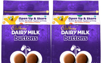 Cadbury reunites with Children in Need Pack shots of Cadbury Dairy Milk Buttons with the Children in Need 2026 promotion on packs.