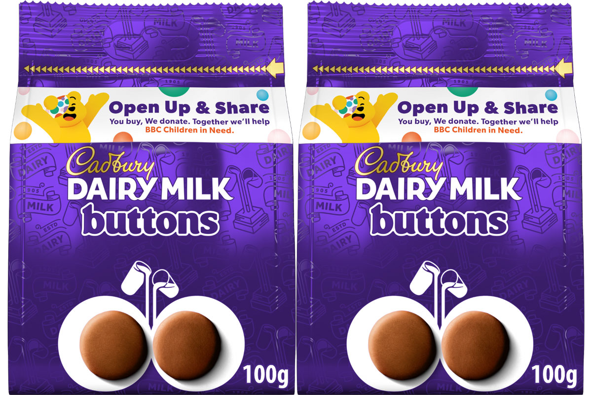 Pack shots of Cadbury Dairy Milk Buttons with the Children in Need 2026 promotion on packs.