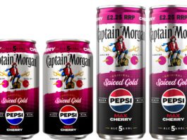 Captain Morgan shakes up with Pepsi Max Cherry Pack shots of Captain Morgan Pepsi Max Cherry cans in 330ml and 250ml formats.