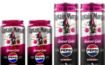 Captain Morgan shakes up with Pepsi Max Cherry Pack shots of Captain Morgan Pepsi Max Cherry cans in 330ml and 250ml formats.