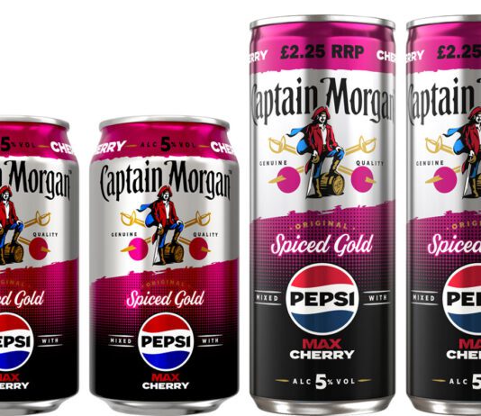 Captain Morgan shakes up with Pepsi Max Cherry Pack shots of Captain Morgan Pepsi Max Cherry cans in 330ml and 250ml formats.