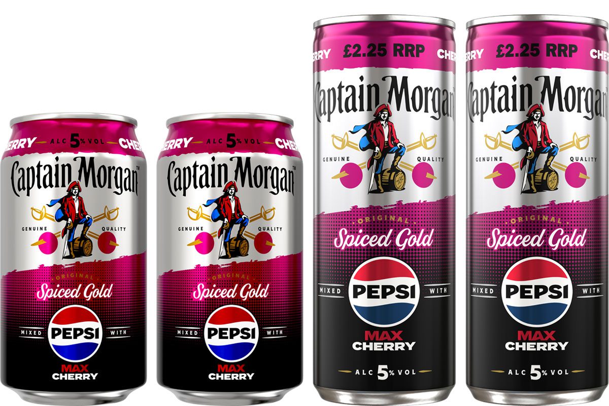 Pack shots of Captain Morgan Pepsi Max Cherry cans in 330ml and 250ml formats.