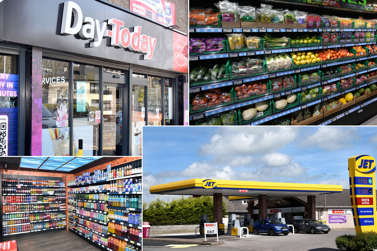 A collage of images showing the exterior of Day-Today Anniesland Road, the fresh fruit and veg section of Girish's Costcutter, a soft drinks cave and a Jet forecourt location.