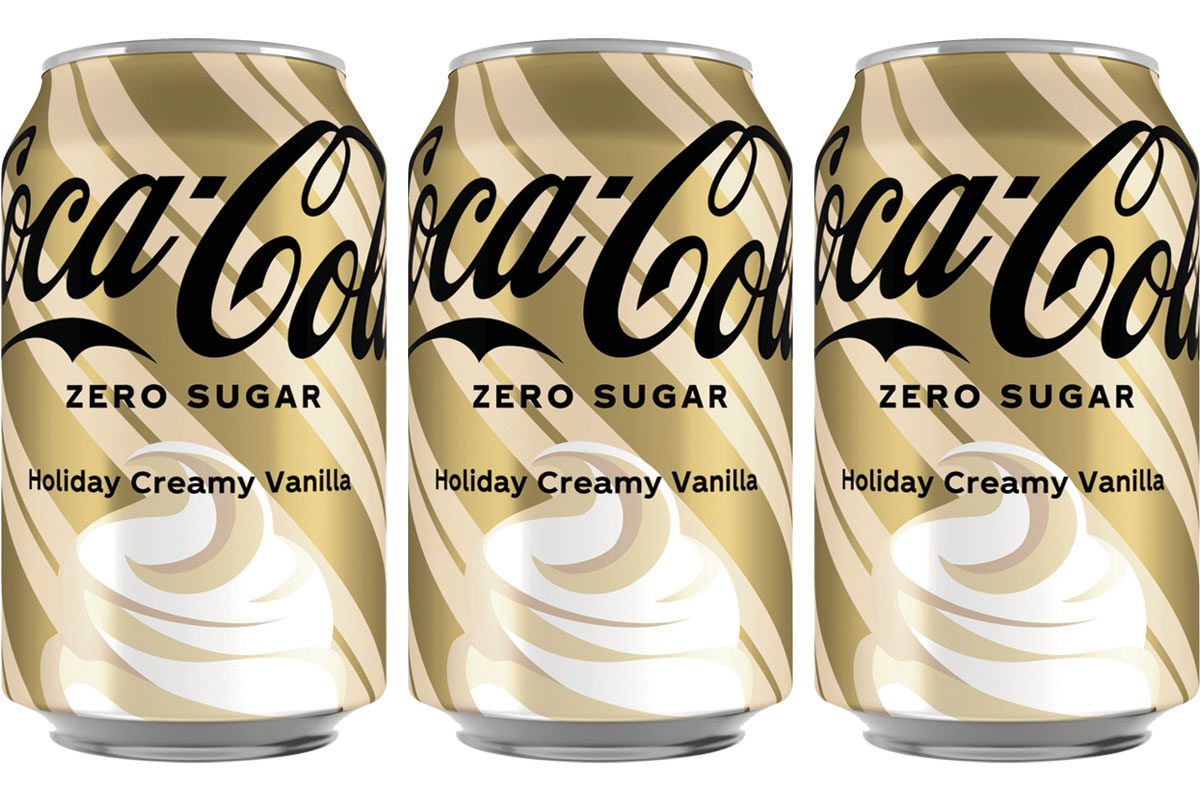 Pack shots of Coca-Cola Zero Sugar Holiday Creamy Vanilla flavour.