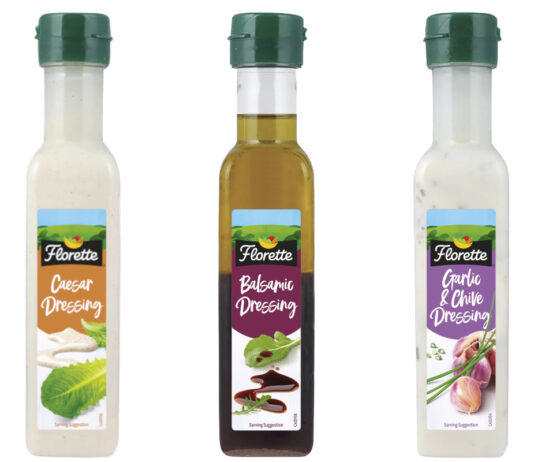 Florette launches a new trio of Salad Dressings Pack shots of Florette Caesar Dressing, Balsamic Dressing and Garlic & Chive Dressing.