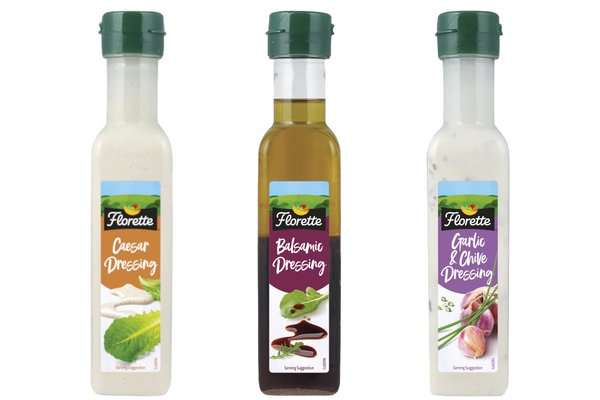 Pack shots of Florette Caesar Dressing, Balsamic Dressing and Garlic & Chive Dressing.
