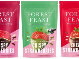 Forest Feast launches chocolate freeze-dried fruit range The trio of freeze-dried, chocolate-dipped fruit Forest Feast treats consists of Double Chocolate Crispy Raspberries, Matcha Chocolate Crispy Strawberries and Double Chocolate Crispy Strawberries.