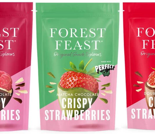 Forest Feast launches chocolate freeze-dried fruit range The trio of freeze-dried, chocolate-dipped fruit Forest Feast treats consists of Double Chocolate Crispy Raspberries, Matcha Chocolate Crispy Strawberries and Double Chocolate Crispy Strawberries.