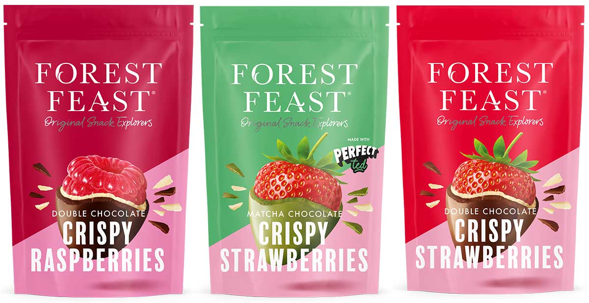 The trio of freeze-dried, chocolate-dipped fruit Forest Feast treats consists of Double Chocolate Crispy Raspberries, Matcha Chocolate Crispy Strawberries and Double Chocolate Crispy Strawberries.