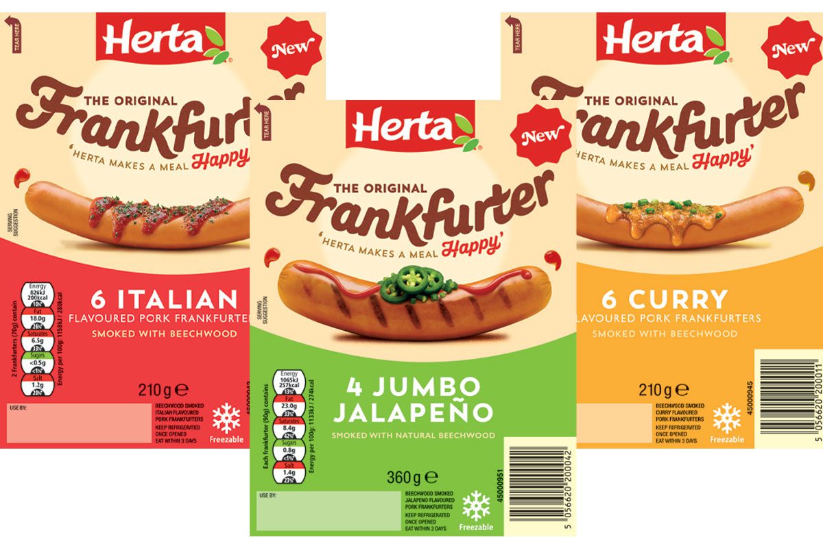 Pack shots of Herta Frankfurter Italian Sausages, Curry Sausages and Jumbo Jalapeño Sausages.