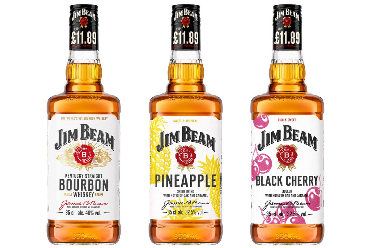 Pack shots of Jim Beam Kentucky Straight Bourbon Whiskey, Jim Beam Pineapple and Jim Beam Black Cherry in 350ml £11.89 PMP bottles.