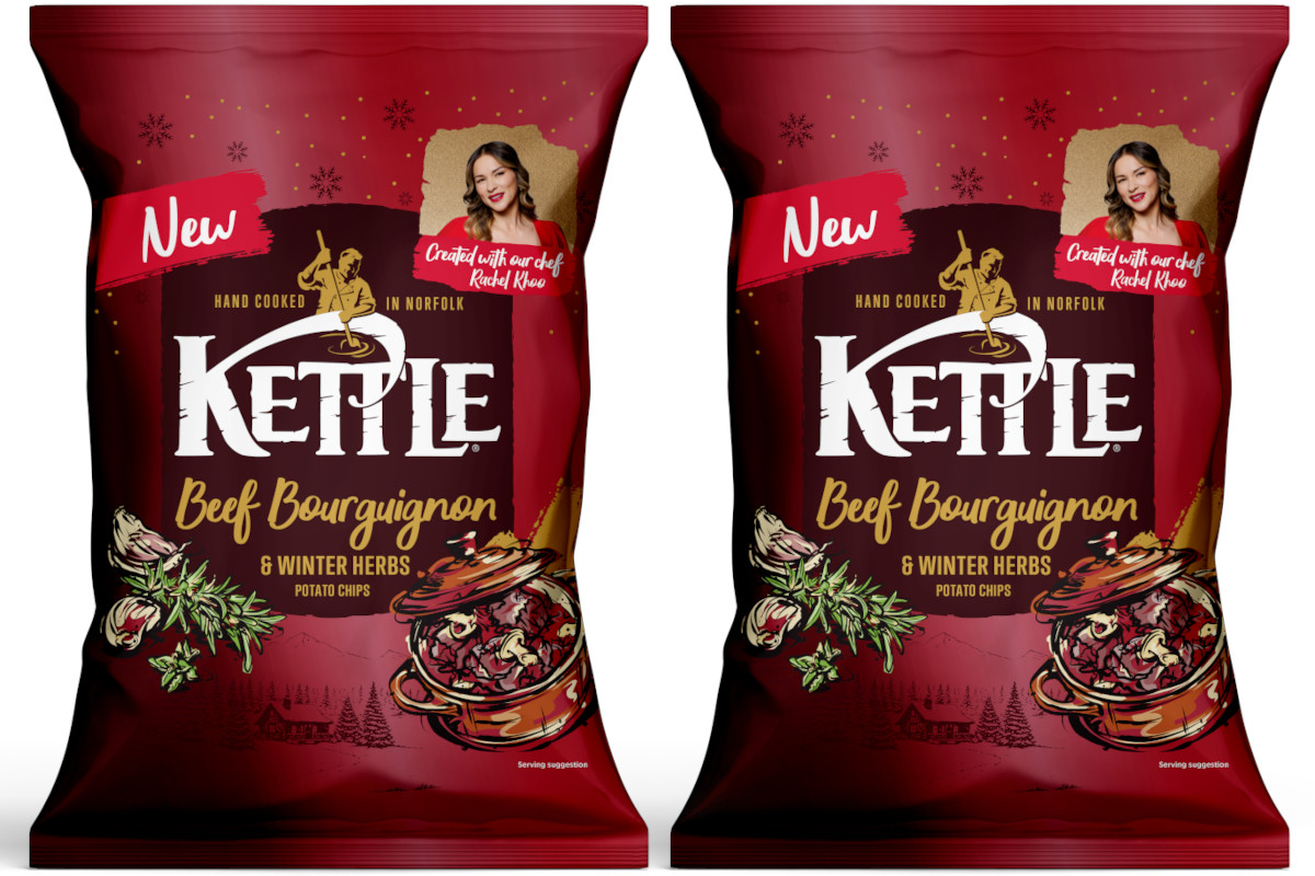 Kettle Chips elevates the festivities with Christmas flavour Pack shots of Kettle Chips Beef Bourguignon & Winter Herbs crisps.