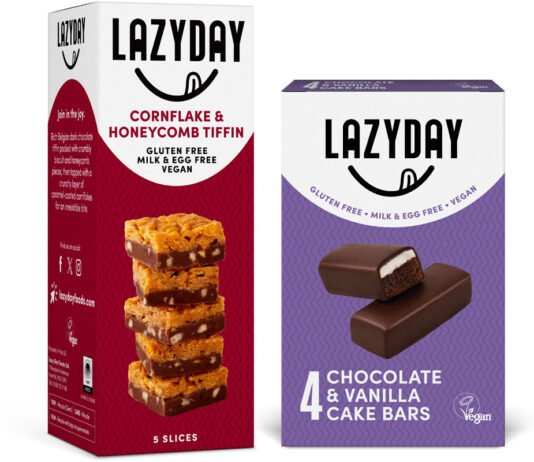Lazy Day expands free-from range Pack shots of Lazy Day Cornflake & Honey Tiffin and Chocolate & Vanilla Cake Bars.