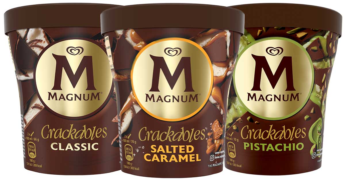 The Magnum Crackables range features Classic, Salted Caramel and Pistachio variants with improved recipes and updated packaging, says the ice cream maker.
