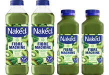 Naked shakes up smoothies with Fibre Machine Pack shots of Naked Fibre Machine 750ml and 300ml bottle formats.