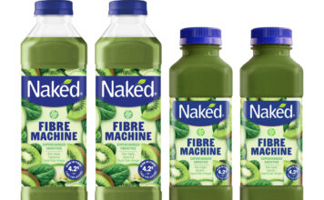 Naked shakes up smoothies with Fibre Machine Pack shots of Naked Fibre Machine 750ml and 300ml bottle formats.