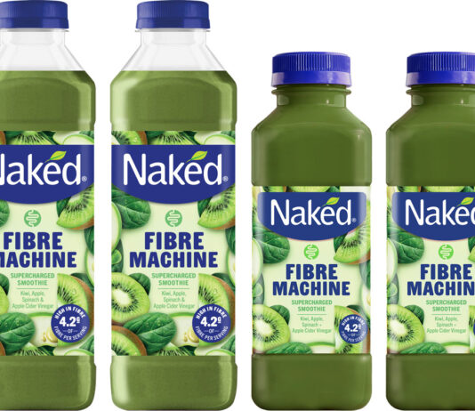 Naked shakes up smoothies with Fibre Machine Pack shots of Naked Fibre Machine 750ml and 300ml bottle formats.