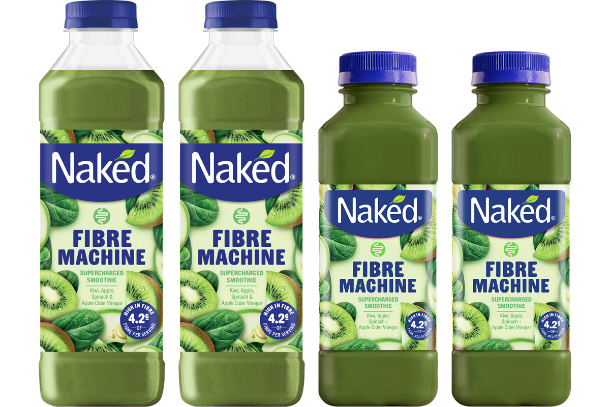 Pack shots of Naked Fibre Machine 750ml and 300ml bottle formats.