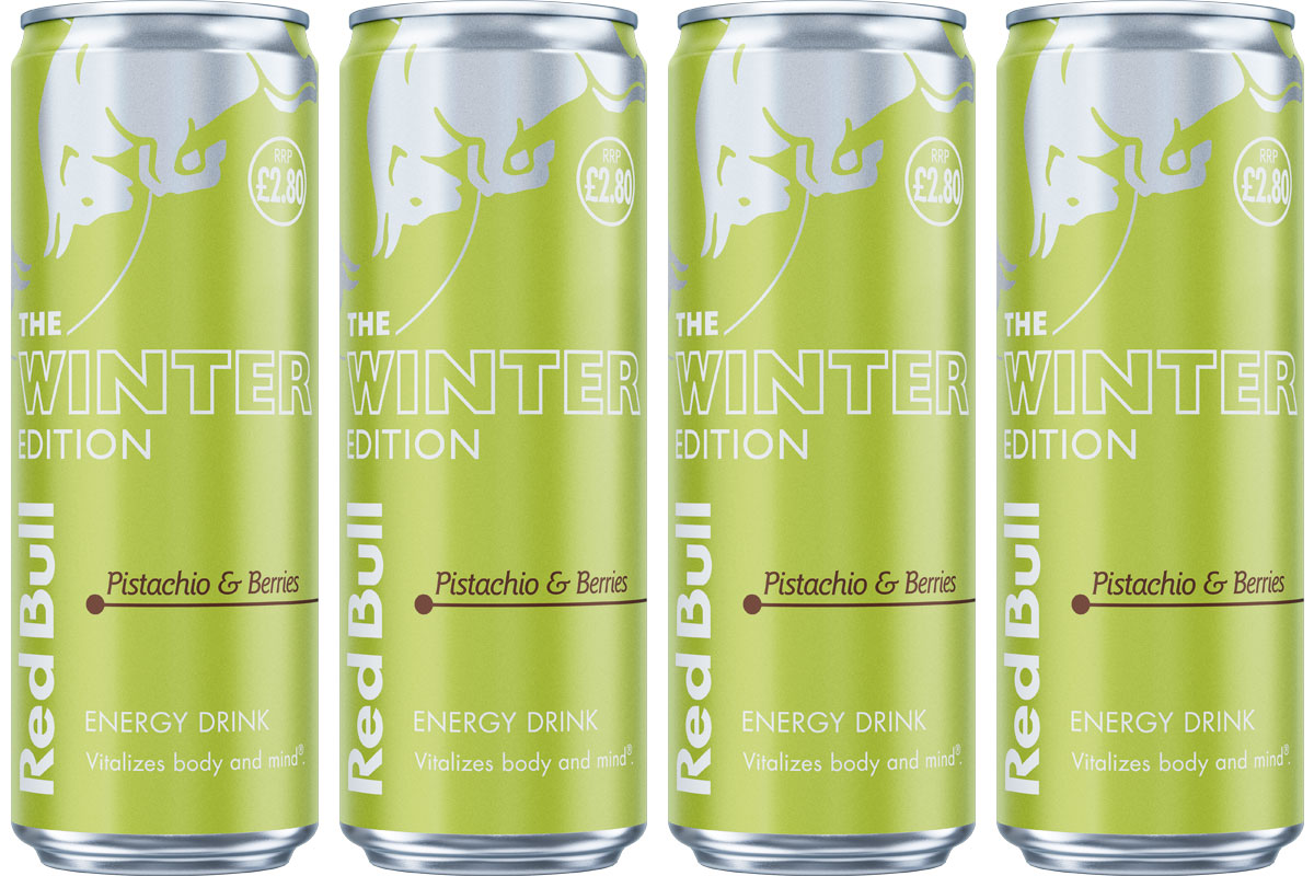 Pack shots of Red Bull Winter Edition Pistachio & Berries.