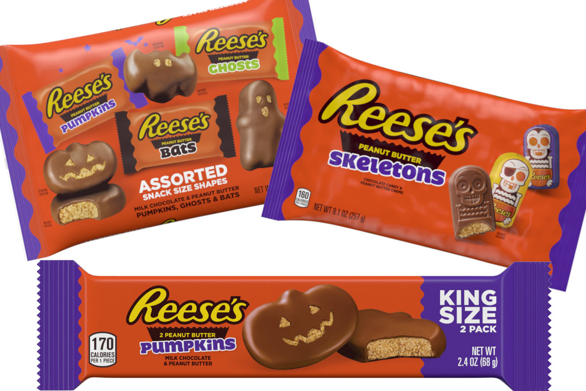 Pack shots of Reese's Assorted Snack Size Pumpkins, Ghosts & Bats Shapes, Peanut Butter Skeletons and Peanut Butter Pumpkins Cups King Size two-pack.